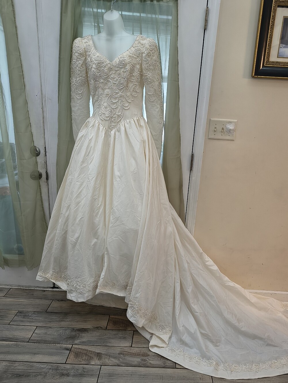 Ivory Long-Sleeve V-Neck Embroidered Wedding Gown